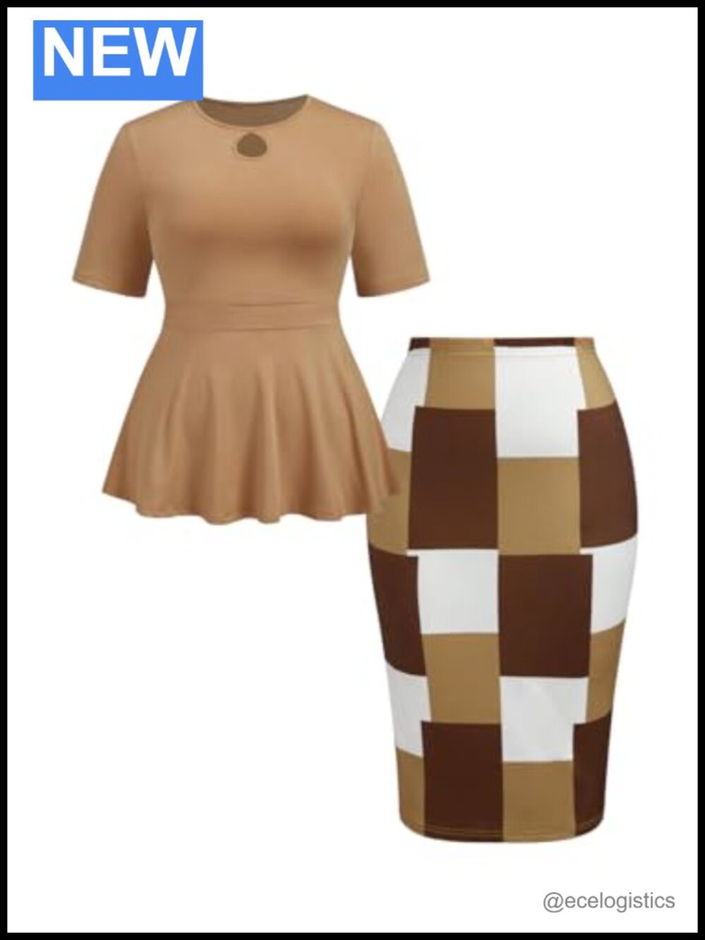 2 Piece Plus Size Plaid Midi Skirt Set Peplum Top Work Outfit